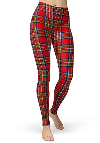 sissycos Damen Plaid Leggings, Tartan Karo Leggings mit für Damen, Yoga Mädchen Fashion Stretch Leggins Lang(Rotes Plaid,L-XXL) Cover
