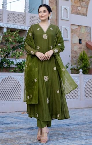 Image of Nermosa Women Embroidery Solid Anarkali Kurta and Pant Set with Dupatta