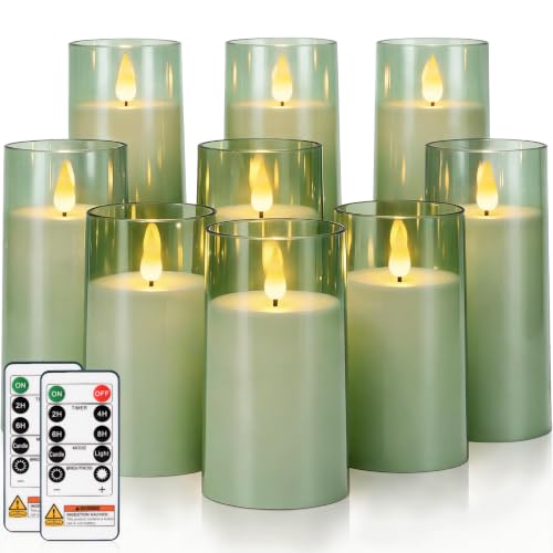 Image of Homemory Sage Green Flameless Candles, Acrylic LED Pillar Candles with Remote Timer, Set of 9