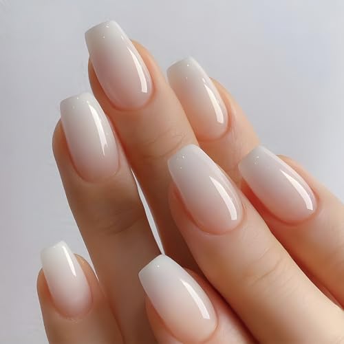 MouyouGlow Press on Nails Kurz,Ballerina Nude Natürliche Gradient Weiß Fake Nails Kunstnägel mit Nagelkleber,Babyboomer White Ombre Künstliche Fingernägel
