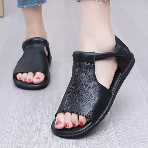 Women's Genuine Leather Round Open Toe Flat Roman Sandals Fashion Hook and Loop Casual Platforms Fisherman Sandals Comfort Softsole Non-Slip Beach Walking Sandal Shoes3