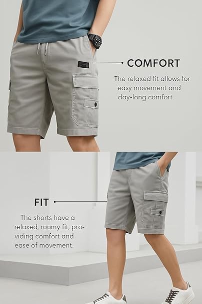 Image of Men's 100% Pure Cotton Cargo Shorts | Regular Fit Knee Length Utility Shorts with Multiple Pockets | Casual Outdoor Summer Wear Shorts for Men