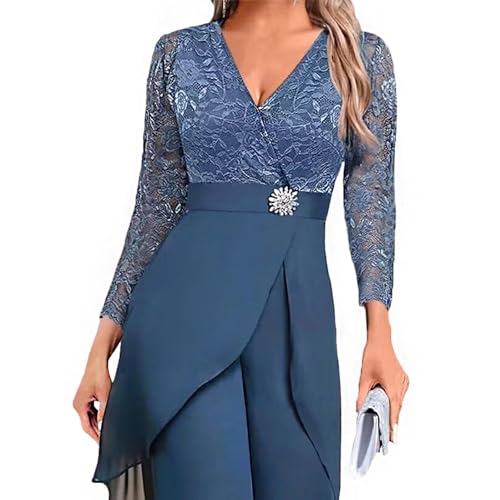 Chiffon High-Waisted Long Sleeve Applique Mother of the Bride Pant Suits Lace V-Neck for Formal Wedding Women Jumpsuit4