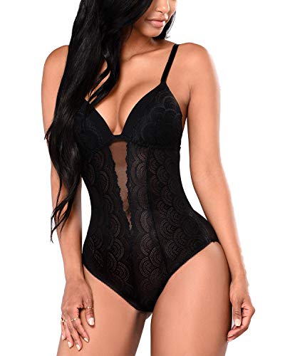 Aranmei Women's Deep V Lace Bodysuit Sna-p Crotch Leotard Teddy Lingerie (Black Large)
