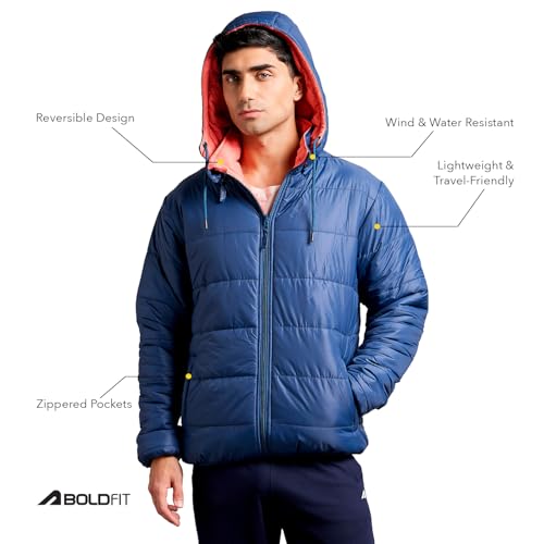 Image of Boldfit Jackets for Men Stylish Puffer Winter Jacket for Men Reversible Standard Length Jacket Man Full Sleeves Bomber Jackets for Man Winter Wear with Hoodie