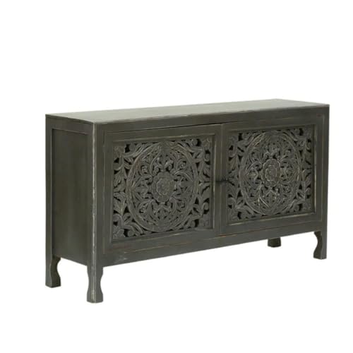 Image of Wooden Sideboard Cabinet for Living Room | Handcrafted Solid Wood Storage Cabinet with Carved Doors | Crockery Cabinet for Home | Crockery Furniture for Home (Dark Grey)