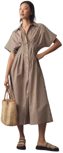 Women's Casual Short Sleeve Striped Shirt Dress V-Neck Maxi Beach Dresses - Main Image