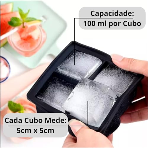 Forma de Gelo Silicone 4 Cubos Grandes Papinha de Bebe Temperos Molhos Drinks Whisky Gin Vodka BPA F