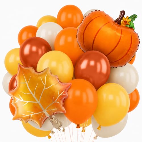 Image of Fall Balloons 12Inch Burnt Orange Mustard Yellow Beige Thanksgiving Balloon | Maple Leaf Pumpkin Foil Balloon, Double Stuffed Latex, Harvest Festival Theme, Friendsgiving, Autumn Turkey Party Decorations