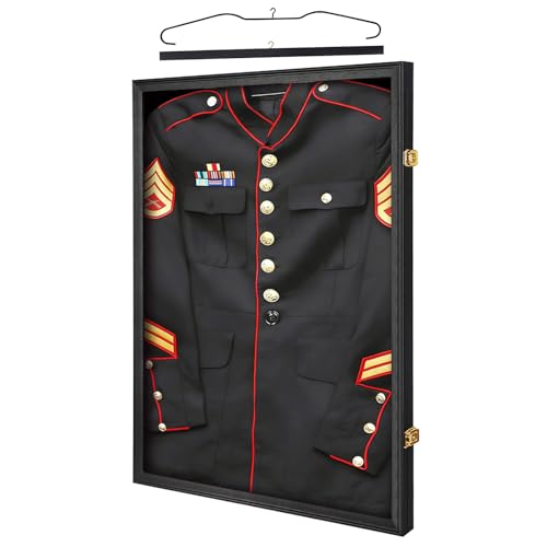KCRasan Military Uniform Display Case -Black Medium Long- Police Uniform Display Frame - Uniform Shadow Box Wall Cabinet with Uv Protection Acrylic Door for Collection Military Uniform