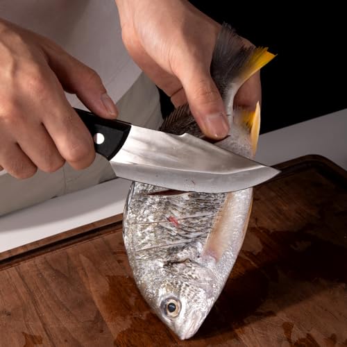 تي جيه بوب سكين تقطيع اللحم متعدد الاغراض 4.3 انش، سكين تقطيع اللحوم مصنوع يدويا من الستانلس ستيل مع غمد جلدي، سكين شيف مطبخ حاد للغاية، سكين جزار محمول للمنزل والتخييم والشواء