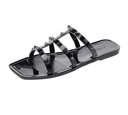 Image of Women Flats Sandals, Studded Jelly Shoes Size 9 Red Dressy Summer Beach Rivets Strappy Jellies Slide Slip On Open Toes
