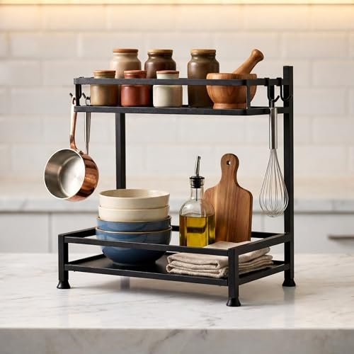 Image of IBELL DR6373 2-Tier Multipurpose Metal Storage Rack for Kitchen & Office | Countertop Organizer with Hooks | Spice Rack, Desk Shelf, Bathroom & Pantry Organizer (Black)