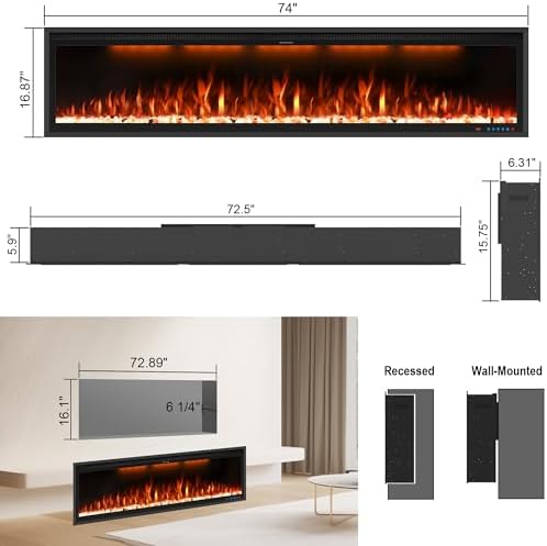 74" Smart Electric Fireplace Inserts,Slim Fireplace with APP Control & Remote Control& Touch Panel,13 Adjustable Flame Color&13 Fuel Bed Colors,750W/1500W,Black - Thumbnail 5