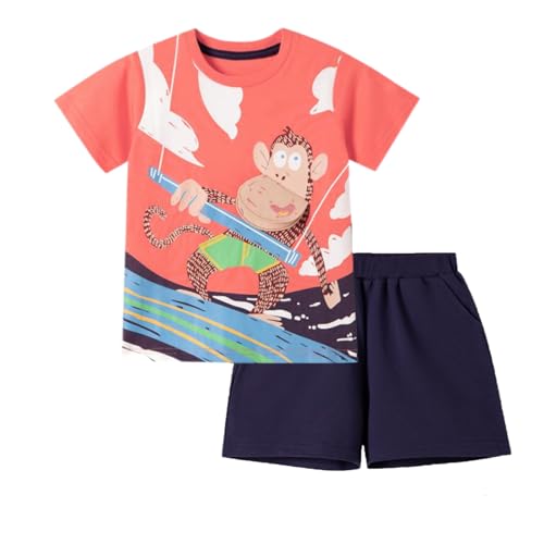 Image of HILEELANG Toddler Boy Summer Short Clothes Sets Cotton Crewneck Tees Shorts Pocket Adjustable Knite Shorts Playwear Sets