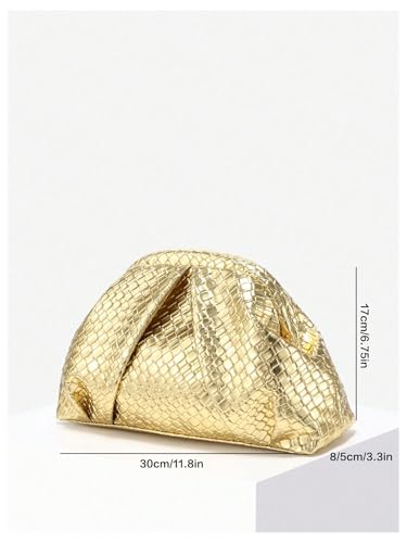 Image of OYOANGLE Women's Minimalist Woven Leather Clutch Purses Textured Kiss Lock Pleated Vintage Evening Handbags