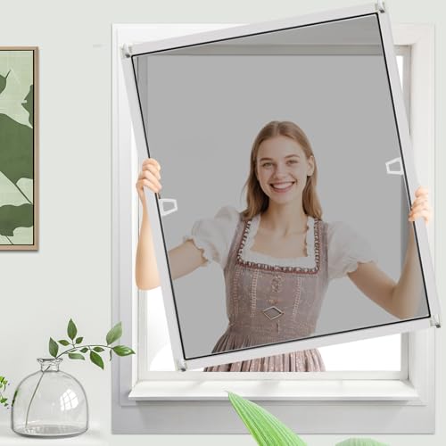 Fliegengitter Fenster mit Rahmen, Insektenschutz Fliegengitter Fenster Fliegenschutz Alurahmen, 80 x 100 cm Fliegengitter zum Klemmen, Mückenschutz Fliegenschutzgitter Montage ohne Bohren