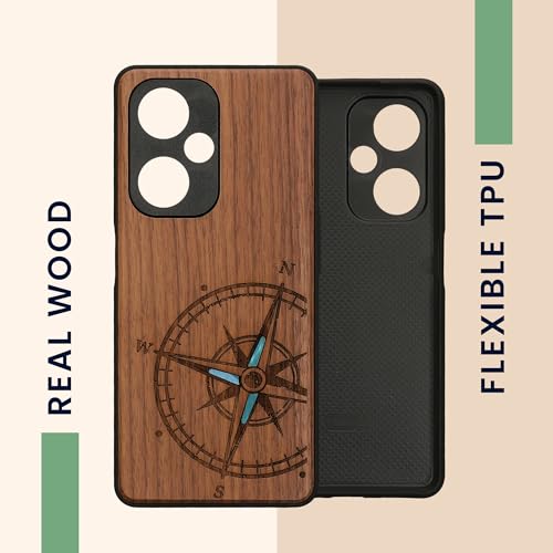 kwmobile Wood Case Compatible with OnePlus Nord CE 3 Lite 5G / Nord N30 5G Case - Cover - Navigational Compass Mother of Pearl Dark Brown by kwmobile - Image 4