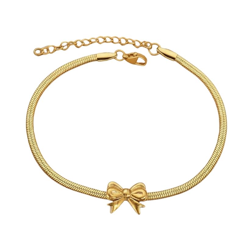 Womens Bow Design Snake Bone Chain Shiny Texture Sparkle Lightweight Anklet | Golden-image-15