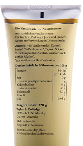 T&C - Bio Vanilla Bean Paste | Vanille Paste aus 100% natürlichen BIO-Vanilleschoten. Vanillepaste ideal zum Verfeinern von Pudding, Torten, Dessert, Eis uvm. | Inhalt: 320g
