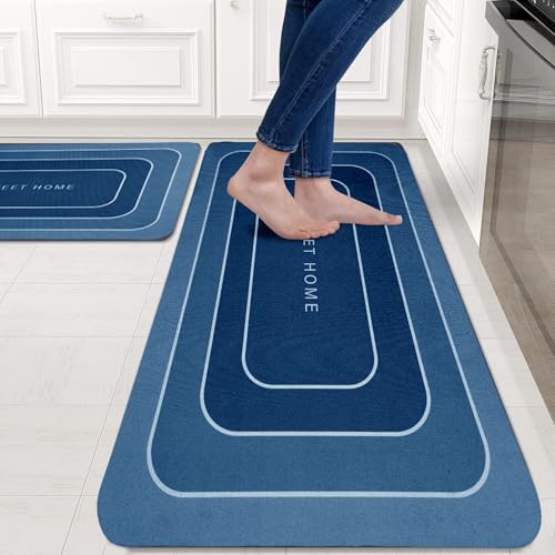 Image of Amazon Brand - Solimo Silicone Kitchen & Bath Mat (Pack of 2) | Navy Blue | Anti-Fatigue Comfort Foam | Waterproof & Anti-Slip | 60 x 40 cm & 40 x 120 cm| Quick-Dry & Easy Clean