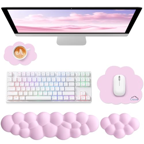 Image of Sushret Cloud Wrist Rest for Computer Keyboard, 4-in-1 Memory Foam Leather Cloud Keyboard Wrist Rest and Mouse Pad Set with Ergonomic Support for Arm and Palm Cushion, Gaming /Work Setup, Pink | Memory Foam, Leather, 4-in-1 Cloud Keyboard Wrist Rest Set with Ergonomic Support for Arm and Palm Cushion, Gaming /Work Setup