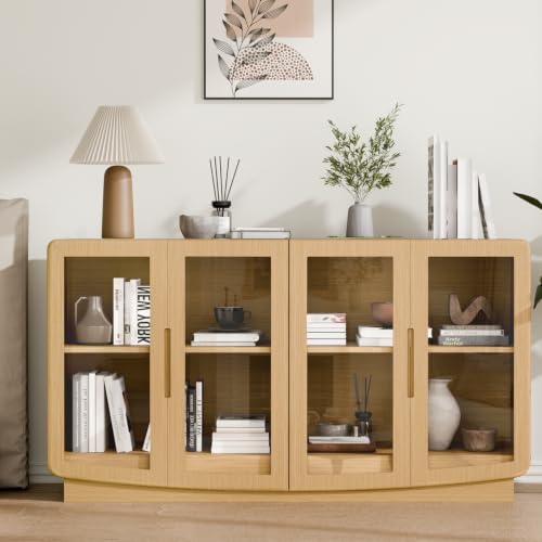 Trygoal 55 Inch Oak Sideboard Buffet Cabinet, Modern 4 Glass Door Credenza with...
