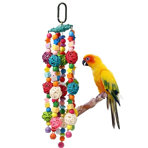 JuBeCo Large Parrot Bird Chewing Toys,Natural Nattan Wooden Stars with Small Bell Parrot Tearing Toy for African Grey,Macaws Cokatoos,Amazon Parrots and Other Large Birds