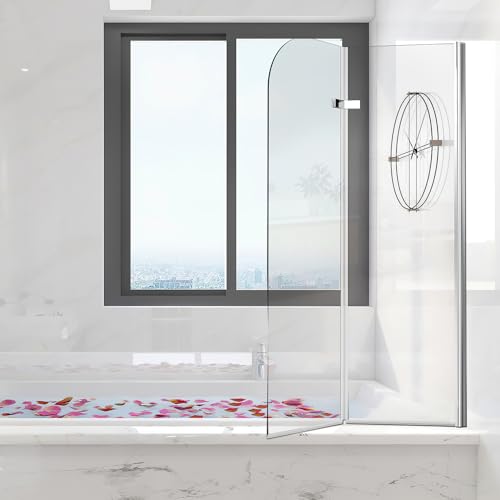 Jayseuw Mampara de ducha para bañera de 100 x 140 cm, 2 piezas, plegable, con cristal templado de seguridad de 6 mm, color plateado y transparente, con accesorio de bañera