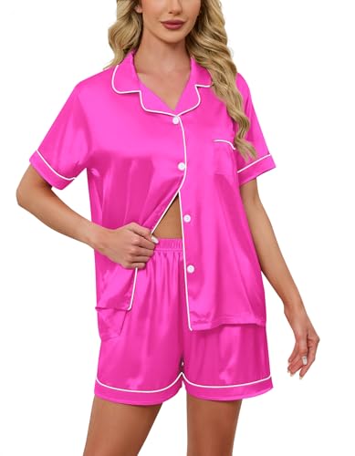 Image of Schbbbta Women Pajamas Set, 2 Pieces Satin Silk Button Down Pjs Short Sleeve Outfits Loungewear