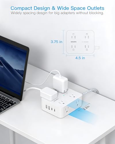 Image of PD 30W USB C Power Strip Surge Protecor, HANYCONY 8 Outlets 4 USB(2 USB C Ports), 1080J Desk Charging Station for Multiple Devices, 10 Ft Flat Plug Extension Cord for College Dorm Room Essentials