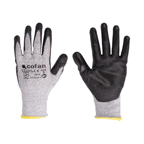 Cofan Guantes anticorte ultraligeros | Nivel D | HPPE + Recubrimiento PU negro | EN 388 4X43D | Pack de 12 pares de guantes o formato unitario | Talla 7 | Protección mecánica (12, 7)