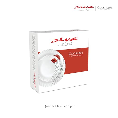 Image of La Opala Diva Classique Collection Opal Glass Crockery | Quarter Plate Set of 6 | Blue Mystique Design | for Snacking & Gifting | Microwave Safe | 100% Vegetarian | Extra Strong | Light & White