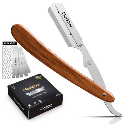 MARKHOR Navaja Afeitar Profesional Para Hombre Con 20 Cuchillas De Afeitar, Madera de Rosa Navaja De Afeitar Barbero Clásica, Kit Barba Premium