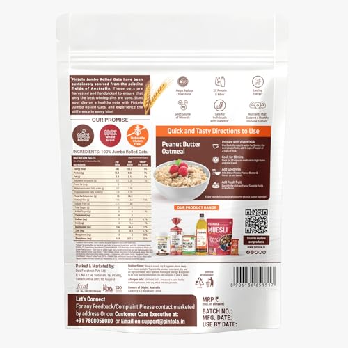 Image of Pintola Oats 1kg, Rolled Oats, Diet Food, Weight Management, Natural Whole Grain, High in Fibre & Protein, Jumbo Rolled, Breakfast Cereals, Gluten Free Oatmeal, Dalia Porridge