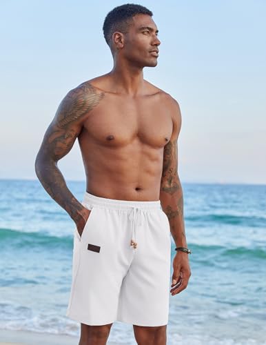 Image of COOFANDY Mens Casual Linen Shorts Elastic Waist Drawstring Loose Fit Summer Beach Vacation Shorts with Pockets