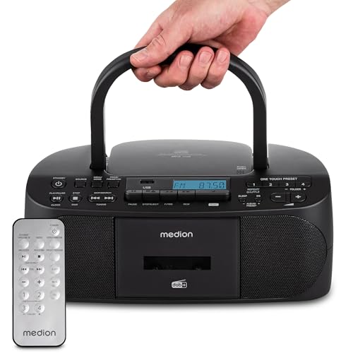MEDION DRX-1 Plus Boombox (tragbares DAB+ UKW Radio, Bluetooth, CD-Player, MP3, Kassette, Kopfh&ouml;reranschluss, Stereo Sound System, AUX, Netz & Batterie) schwarz