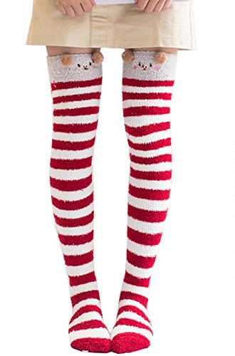 Image of Hotmiss Womens Thigh High Fuzzy Socks Cute Over the Knee Stockings Winter Warm Stripe Leg Warmers