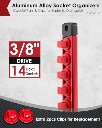 Image of PINOZE 3 /8 inch Magnetic Socket Holder Organizer - Aluminum Alloy Socket Rail Tray for Tool Box Drawer, Socket Rack with Extra 2Pcs Replacement Clips for Automotive Garage(Red)