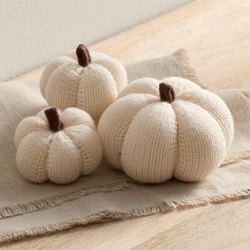 Image of Cozy Mini Knit Set of 3 Ivory Pumpkins (Snowdrop Multi-Size Set) | Tabletop Decor, Fall Accent, Bowl Filler, New Apartment Gift