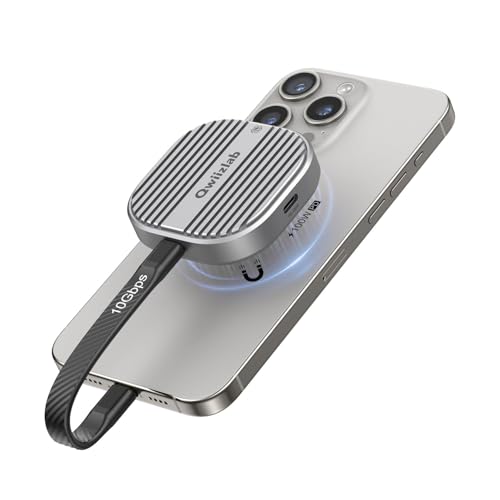 Qwiizlab Magnetic 2230 NVMe SSD Enclosure, Supports iPhone 16/15 Pro Max ProRes, 10Gbps USB Type-C, 100W PD Charge, Fits PCIe M.2 M-Key up to 2TB, Aluminum Case (SSD Not Included)