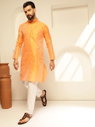 Image of SOJANYA (Since 1958 Men's Jacquard Silk Woven Motifs Kurta With White Pyjama