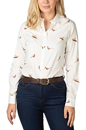 Image of Rydale Ladies Printed Shirt Women’s Button Down Shirts 100% Cotton Animal Print Blouse 5 Colours (Pheasant White, 14)
