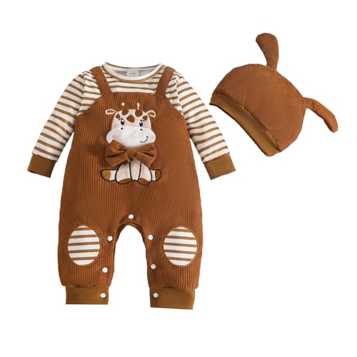 UUAISSO Roupa para bebé recém-nascido macacão de manga comprida lindo animal de desenhos animados com chapéu fatos, Castanho claro, 0-3 meses