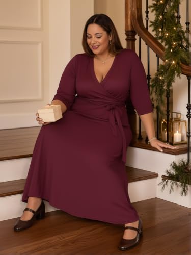 Image of SUZONANA Plus Size Maxi Dresses for Curcy Women Casual Loose 3 /4 Sleeve Long Dress with Belt
