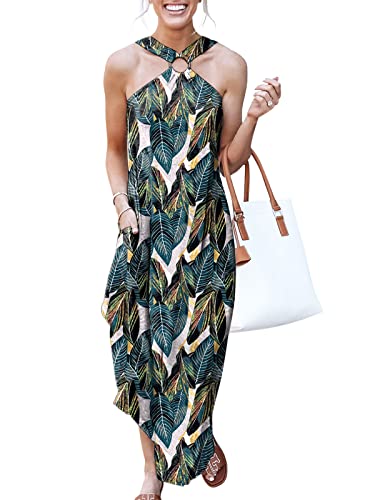ANRABESS Women Summer Halter Neck Sundress Sleeveless Split Side Casual Beach Travel Vacation Maxi Long Dress with Pockets, Leaf, Large