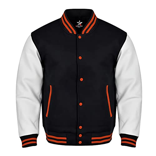 SUPREEM 30 Colors Option Varsity Bomber Baseball Letterman Jackets Genuine Leather Sleeves Wool Body (Medium, Black/White Orange Strip)
