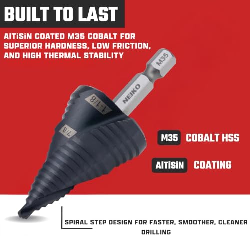 Image of NEIKO 10629B Step Drill Bit, 2 Steps 7 /8 inch to 1-1 /8 inch Spiral M35 Cobalt, AlTiSiN Coated, 1 /4 inch Quick Change Step Bits for Steel, Metal, Wood, Plastic, Unibit Cone Drill Bits, Two Flute