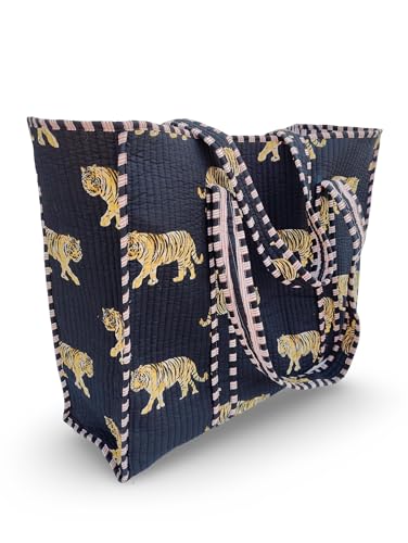 Image of Cotton Tiger Block Print Tote Bag, Indian Handmade Shopping Shoulder Bag, Unisex Market Daily Use
