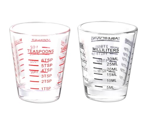 Glass Measuring Cups for Small Amounts of Liquids Such as Milk, Coffee, Cocktails, Whisky, Tequila, Spirits and Wine, 2 Pcs - One Red, One Black (30ML)